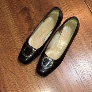 Salvatore Ferragamo patent black low heels shoes